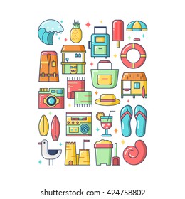 Illustration of summer icons. Design element. Summer concept made in flat line style vector. Isolated illustration for summer poster and banner. Marine symbols.