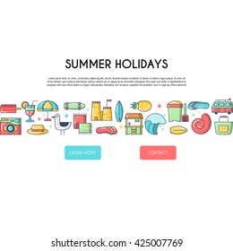 Illustration of summer icons. Design element. Summer concept made in flat line style vector. Isolated illustration for summer poster and banner. Marine symbols.
