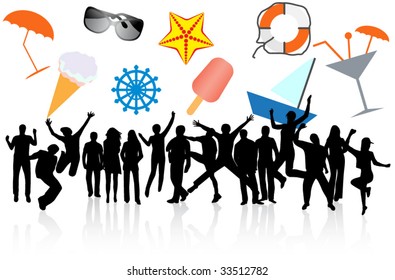 Illustration of summer icons and people jumping