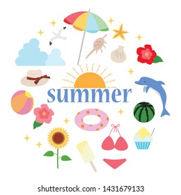 Illustration of summer item icon set./ Color (no line drawing) version