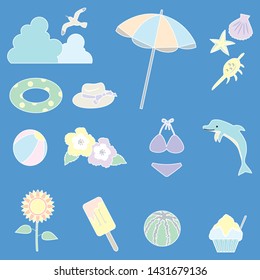 Illustration of summer item icon set./ Pastel color (white line drawing) version