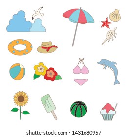 Illustration of summer item icon set./ Color (with line) version
