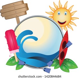 Illustration of summer, with kayak above the leaves, pungent and sun