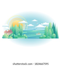 Illustration with summer landscape and lake