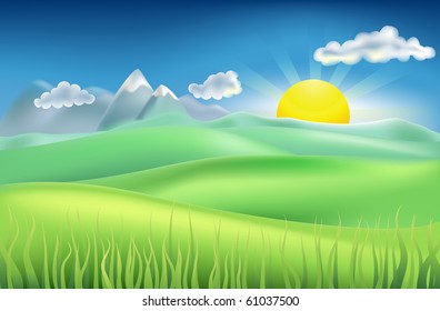 Illustration of summer landscape with sun, hills, and mountains