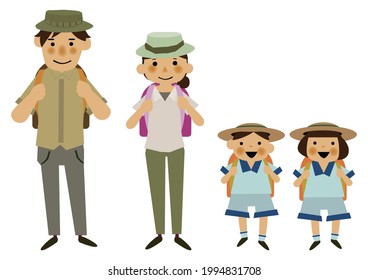 An illustration of summer leisure.
 A person in summer clothes. Summer trekking.

