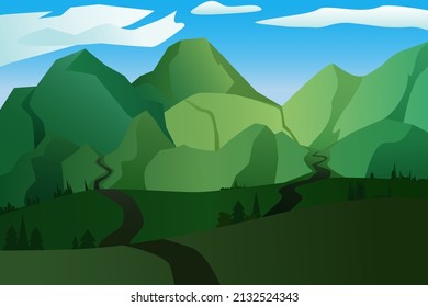 Illustration. Summer in the mountains
green mountains against a bright summer sky with clouds. Landscape of the green valley