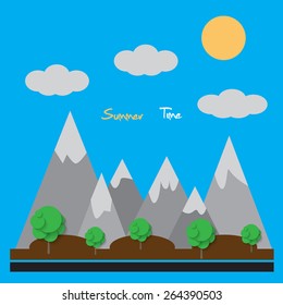 Illustration of the Summer, Mountains, Sun, Clouds, Trees, Nature, Outdoors, Walking, Flat stock vector