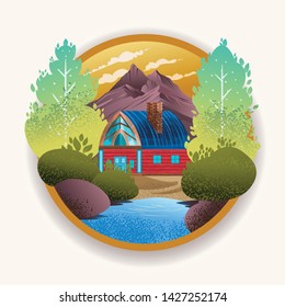 Illustration of summer natural landscape scenery in European Scandinavian villages. Vector illustration of landscape art