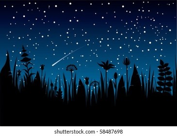 An illustration of a summer night with grass silhouettes and a shooting star.