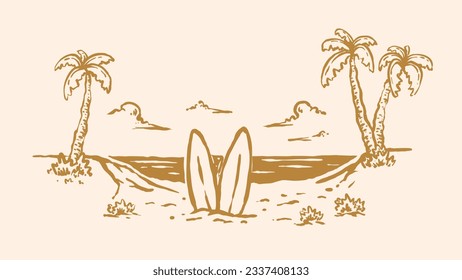 Illustration of summer on the beach with two surfboards stuck in the sand of the beach against the backdrop of the sea