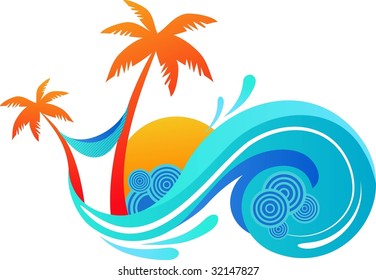 illustration of summer - palm trees and ocean wave