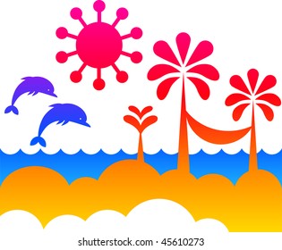 illustration of summer with palm trees and ocean wave