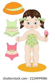 Illustration with a summer paper doll to cut out with beach dresses
