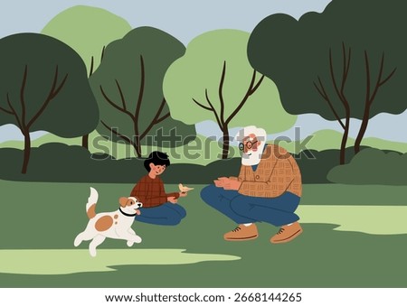 Illustration of a summer park scene with elderly man and boy sitting on grass watching a bird, while a dog plays nearby. Peaceful family moment in nature. Flat vector illustration.