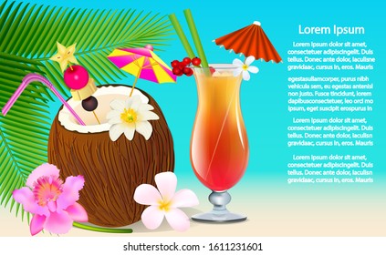 Illustration of a summer party composition with cocktail and coconut with place for text.