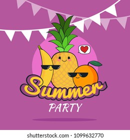 illustration of Summer Party poster cartoon design with cute banana, pineapple, orange characters, Raw vegan party concept, Healthy Lifestyle
