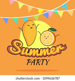 illustration of Summer Party poster cartoon design with cute mango and orange characters, Childrens postcard, Raw vegan party concept, Healthy Lifestyle