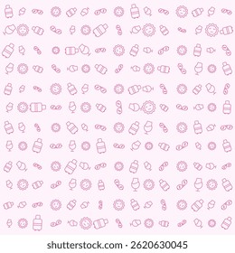 Illustration of summer pattern of suitcase, glasses, bright sun, and drinking glass lineart style