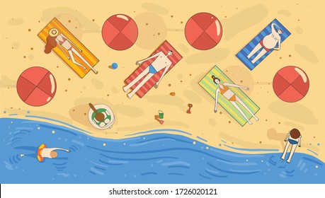 illustration of a summer poster, a beach and sunbathing people, a vacation in a hotel by the sea, people in bikinis on sunbeds under umbrellas are resting. poster, love of the sea and hot country