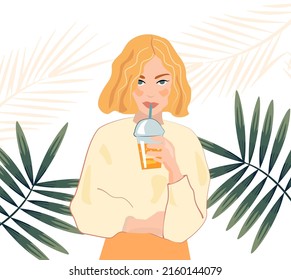 Illustration of a summer redhead beautiful girl in a bright yellow dress. A woman sits in a cafe on the beach and drinks a cocktail, juice, a cold refreshing drink. Summer vacation or travel