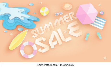 Illustration of Summer sale banner design in top view beach background and decoration. Aerial view of summer beachside and summer sale text. paper cut and craft style. vector, illustration.