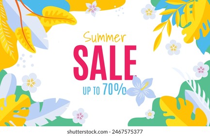 Illustration summer sale banner featuring vibrant tropical leaves and flowers with text offering up to 70% off. Ideal for promoting seasonal discounts.