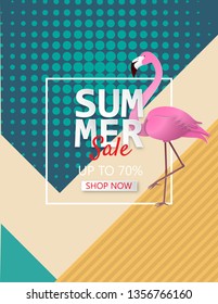 Illustration of Summer sale poster background with flamingo. Paper art and digital craft paper cut style for wallpaper, poster, banner template, brochure, flyer, special sale offer advertising.