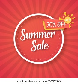 Illustration of Summer Sale Vector Poster with Sunburs Lines on Background. Bright Sale Flyer Template