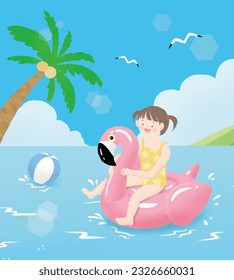 Illustration of a summer sea landscape with a girl riding a tube