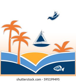 
Illustration of summer with the sea, palm trees, ship, fish and bird