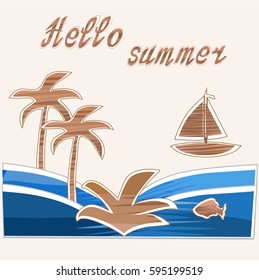 
Illustration of summer with the sea, palm trees, ship,text, fish and bird