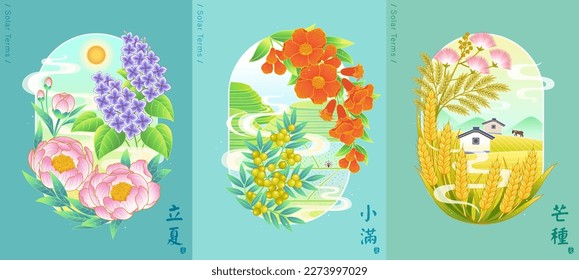 Illustration of summer season in 24 solar terms. Oriental line art including floral, terraced field and wheat field. Translation: Beginning of Summer, Grain Buds, Grain in Ear.