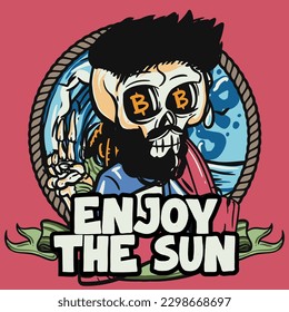 illustration of Summer skull in a beach. vector for t-shirt and sticker design with fun vibes.
