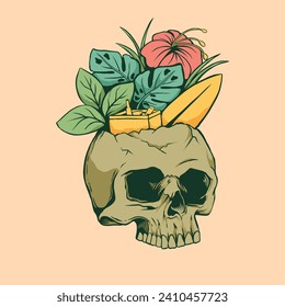 illustration summer skull with plant ornament vintage