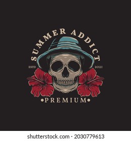 Illustration of summer skull wearing hat and hibiscus flowers with hand drawn style