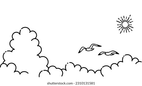 Ilustración del cielo de verano con gaviotas volando, Ilustración de fondo para el verano (dibujo de línea monocroma)