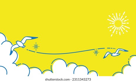 Illustration of summer sky with seagulls flying, Yellow background illustrations for summer