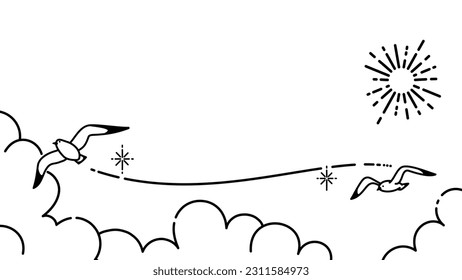 Illustration of summer sky with seagulls flying, Background illustration for summer (monochrome line drawing)