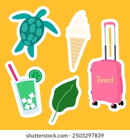Illustration of summer stickers on a yellow background.