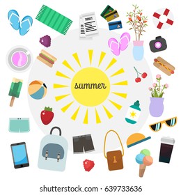 Illustration with summer stuff in bright colors. Big set of summertime icons on light background