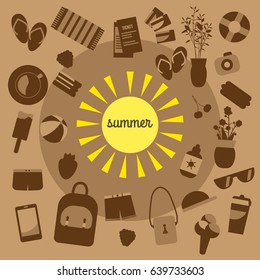 Illustration with summer stuff in brown colors. Big set of summertime icons