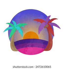 Illustration of summer sunset with cute palm trees