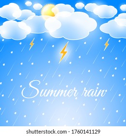 Illustration of a summer thunderstorm with sun, rain and lightning against a blue sky. Fairy tale character for children's illustrations.