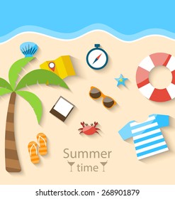 Illustration Summer Time Background with Flat Set Colorful Simple Icons on the Beach - Vector