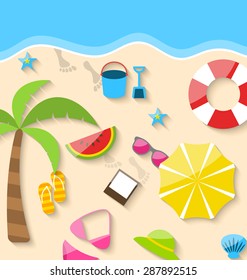 Illustration Summer Time Background, Flat Colorful Icons on the Beach - vector