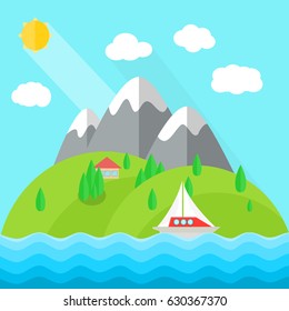 Illustration summer time and Color vector flat icon: village, mountain, sun, cloud and ship