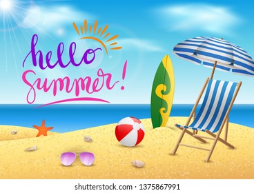 Illustration Summer time, sea, beach with beauty blue sky background. vector illustration