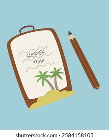  Illustration of Summer Time Text on a Tablet with a Piece of Paper and Pencil