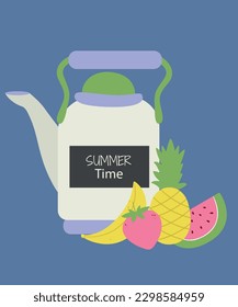 Illustration Summer Time with Vintage Teapot and Fruits